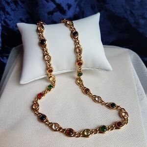 Swarovski Elements Gold Plated Bezel-Set Multicolor Crystal Chain Necklace NEW